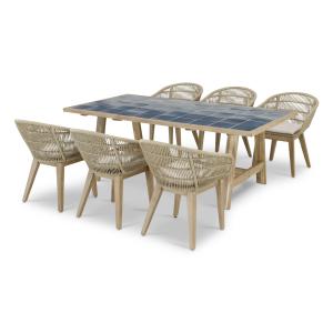 Set table bois et céramique bleu et 6 chaises