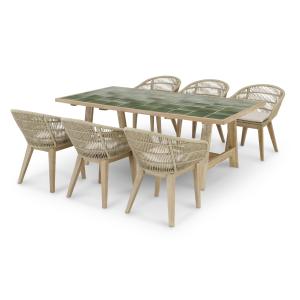 Set table bois et céramique vert et 6 chaises