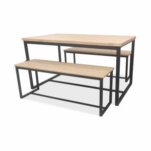 Set table haute effet bois avec 2 bancs en acier