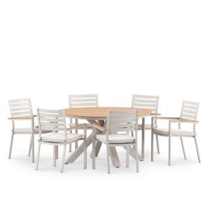 Set table ronde D140 et 6 chaises aluminium beige avec cous…