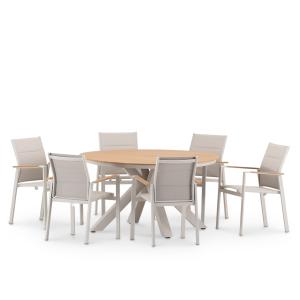 Set table ronde D140 et 6 chaises aluminium beige e textile…