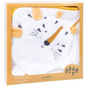 Sortie de bain bébé en coton blanc avec tête de tigre jaune…