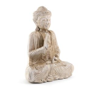 Statue buddha en bois beige blanchie