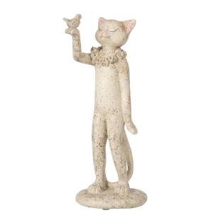 Statue chat avec oiseau en résine beige 10x8x27 cm