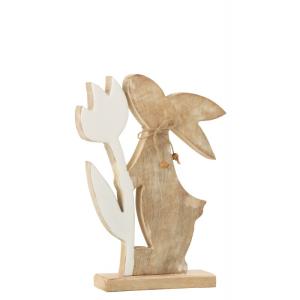 Statue lapin avec fleur en bois blanc 21x5x26 cm