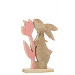 Statue lapin avec fleur en bois rose 20x5x29 cm