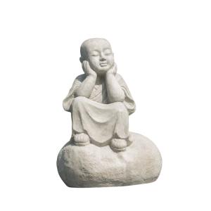 Statue moine Shaolin pensif gris clair H80cm