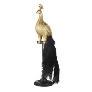 Statue paon doré sur pied noir et queue en plumes noires H5…