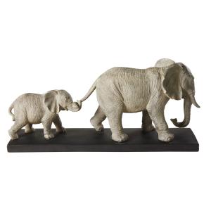 Statuette 2 éléphants grise et socle en métal noir H21