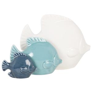 Statuette 3 poissons plats en porcelaine blanche, bleu clai…