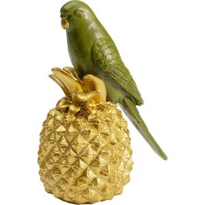 Statuette perroquet vert sur ananas doré en polyrésine