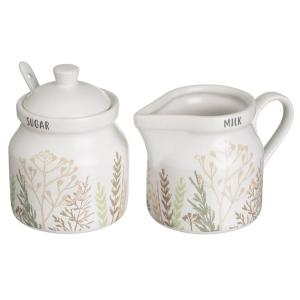Sucrier   pot à lait en céramique blanche motif herbes