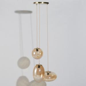 Suspension 3 abat-jours en verre strié ambré