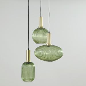 Suspension 3 abat-jours en verre strié vert