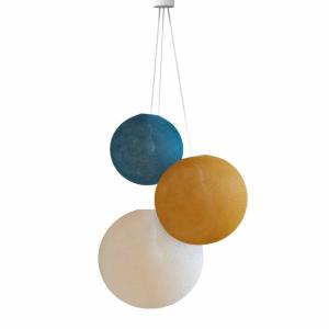 Suspension 3 globes bleu paon - camel - écru
