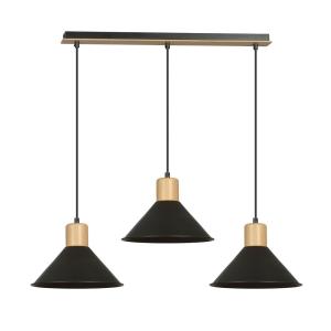 Suspension avec 3 abat-jour en métal noir et détail en bois…