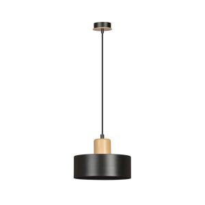 Suspension avec abat-jour cylindrique en acier noir et bois