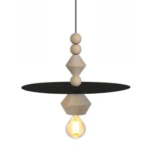 Suspension bois naturel abat-jour metal noir