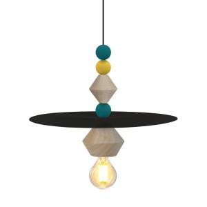 Suspension bois naturel multicolor abat-jour métal noir