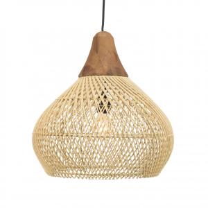 Suspension cloche" 40x40cm rotin couleur naturelle et teck"