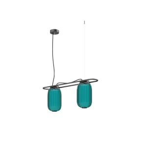 Suspension double en verre opale, bleu L:65cm