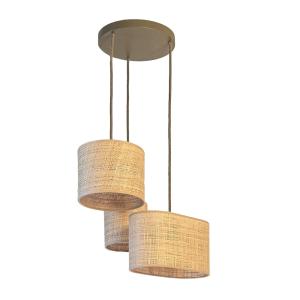 Suspension en bois vert olive et trio d'abat-jour en fibres…