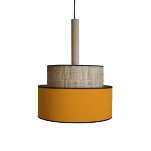 Suspension  métal bois naturel Abat-jour jaune moustarde