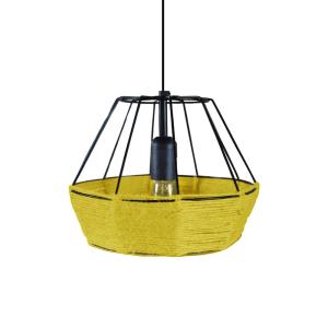 Suspension  métal noir abat-jour ficelle Jaune