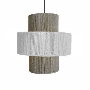 Suspension métal noir abat-jour ficelle naturel et blanc