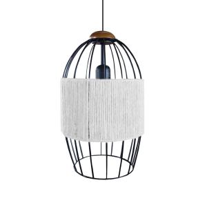 Suspension  métal noir bois foncé abat-jour fibre Blanc