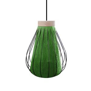 Suspension métal noir bois naturel abat-jour fibre  vert