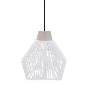 Suspension métal noir bois naturel abat-jour ficelle blanc
