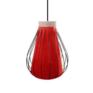 Suspension métal noir bois naturel abat-jour ficelle Rouge