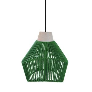 Suspension métal noir bois naturel abat-jour ficelle vert