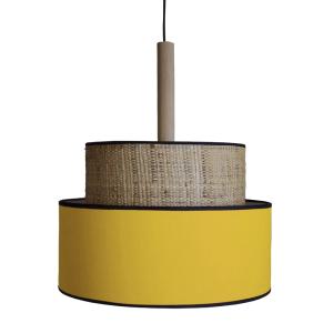 Suspension métal noir bois naturel abat-jour jaune