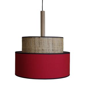 Suspension métal noir bois naturel abat-jour rouge