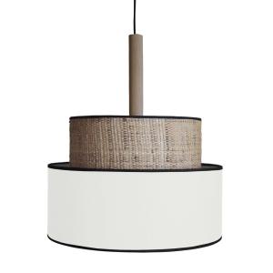 Suspension métal noir bois naturel abat-jour tissu blanc