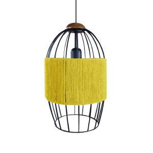 Suspension métal noir et bois foncé abat-jour ficelle jaune…