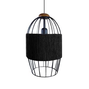 Suspension métal noir et bois foncé abat-jour ficelle noir