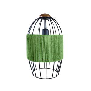 Suspension métal noir et bois foncé abat-jour ficelle vert