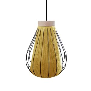 Suspension métal noir et bois naturel abat-jour ficelle jau…