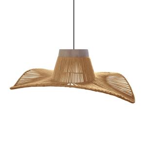 Suspension métal noir et bois naturel abat-jour ficelle nat…