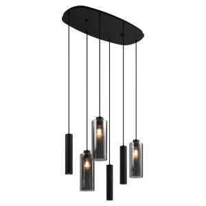 Suspension moderne noire verre fumé 6 lampes