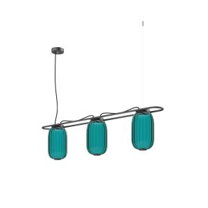 Suspension triple en verre opale, bleu L:110cm