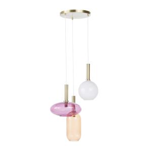 Suspension triples en verre rose, orange et métal doré