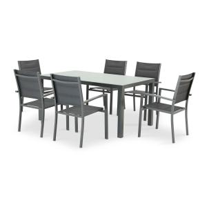 Table 160×90 et 6 chaises de jardin gris