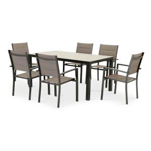 Table 160×90 et 6 chaises de jardin marron