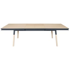 Table 160x100 cm en frêne massif, 2 rallonges bleu sombre d…