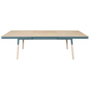 Table 180x100 cm en frêne massif, 2 rallonges bleu briac