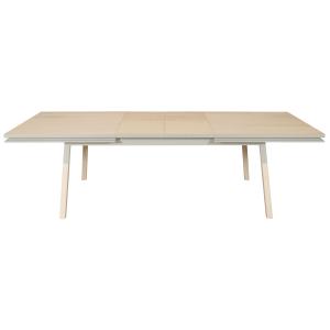 Table 180x100 cm en frêne massif, 2 rallonges gris muscade